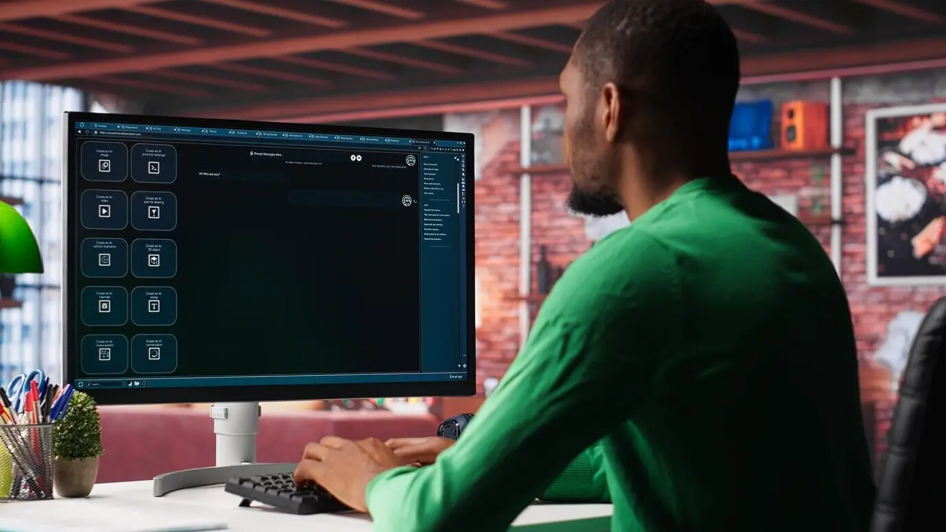 Ein schwarzer, männlicher Freelancer nutzt zu Hause einen KI-Chatbot zur Aufgabenerledigung.