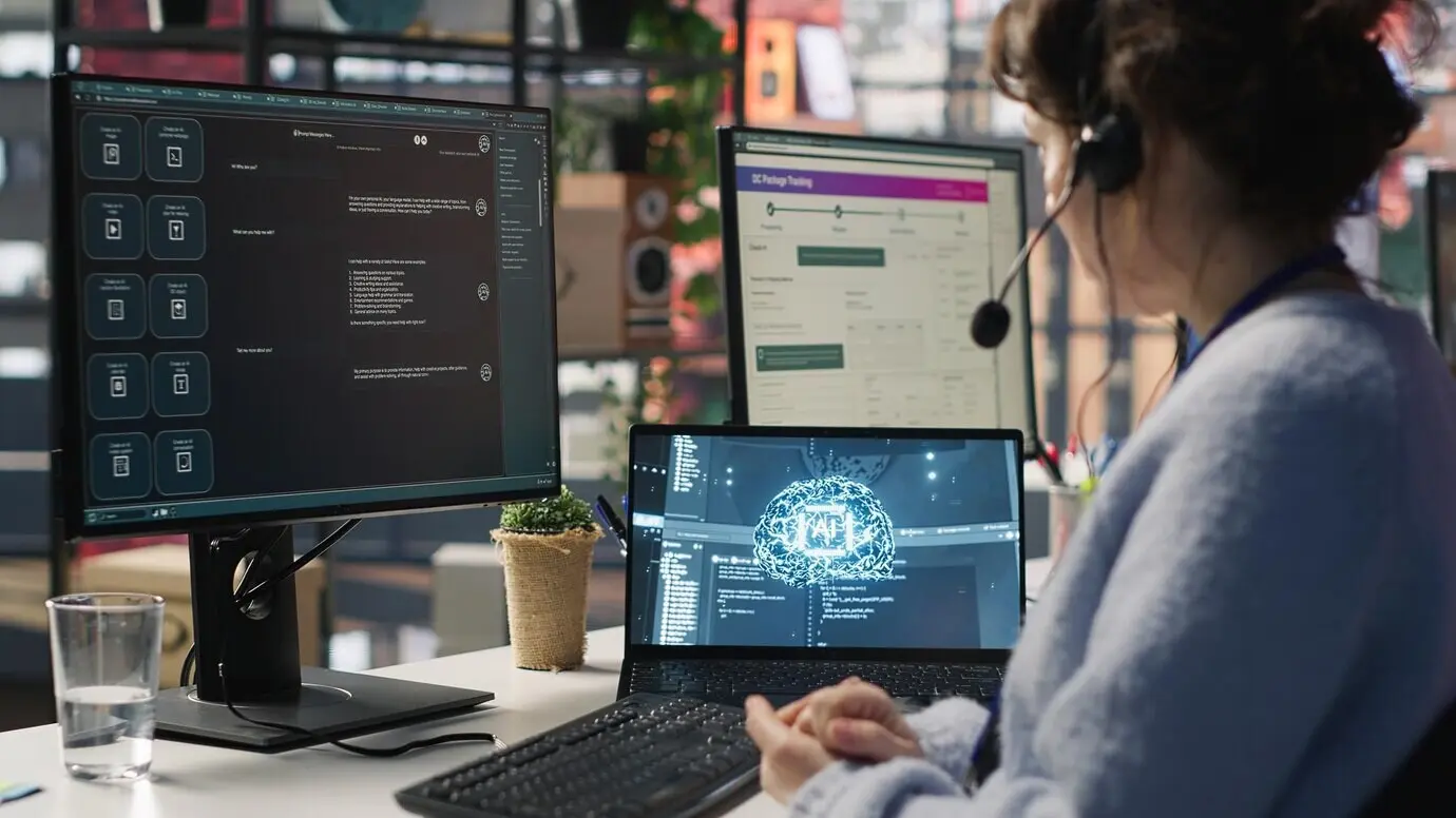 Mitarbeiter leistet Live-Chat-Support, tippt auf der Tastatur und verwendet einen KI-Chatbot.