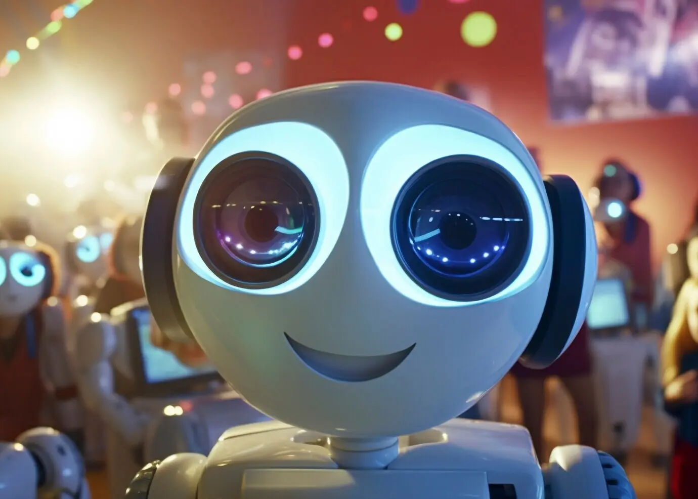 Blick auf einen futuristischen Roboter in einer Schulumgebung.